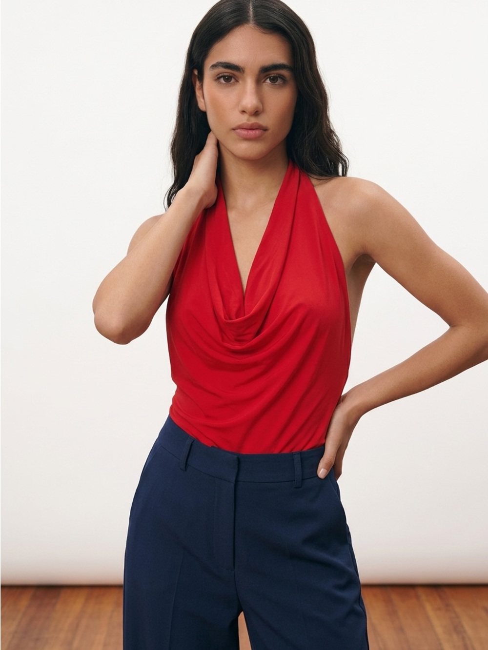 Lizette Collection Red Draped Halter Bodysuit – Size L (fits like M)